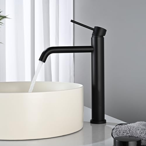 DETBOM Mitigeur de Lavabo Haut, Robinet de Salle de Bains Monocommande, Robinets de Lavabo à Poser pour Réglable Chaud et Froid, Mitigeur Mousseur à Économique d'Eau (Noir)