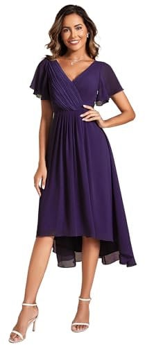 Ever-Pretty Boda Vestidos de Invitados Elegante Gasa Corto Mujeres Vestidos de Cóctel Vestidos de Novia Delantero Corto Espalda Largo Morado Oscuro 44