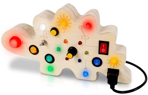 Busy Board Montessori, Planche Montessori Bois a 8 Interrupteurs/13 Lampes LED, Busy Board Jouet pour Développer Potentiel/Créativité/Imagination, Montessori Jouet Enfant pour Enfant 1-4Ans(Dinosaure)
