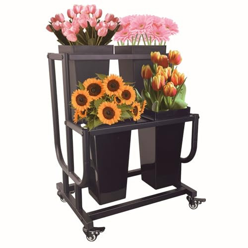 Tongmo 2-stöckiger Blumenständer mit 4 Eimern – beweglicher Pflanzenwagen für robustes Blumenregal – perfekt für Blumenläden, Häuser, Cafés und Büros (2 Etagen mit Eimer)