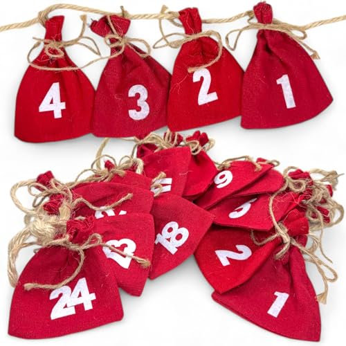 MIJOMA Adventskalender zum Befüllen – 24 Baumwollsäckchen mit Filzzahlen und Juteschnur, Weihnachtskalender Stoff und Jute, 9x11 cm, DIY-Adventskalender (Rot)