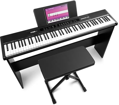 MAX RhapsodyDP88P - Midi Keyboard Piano, 88 Tasten E Piano mit Lautsprecher, Möbel Keyboard Ständer, Klavierhocker und Sustain Paddle, LCD Display, 40 Demo Songs, Piano Keyboard, 300 Klangarten - Set