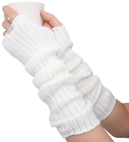 ZEYIYER Arm Warmers Womens White Knitted Arm Sleeve Winter Long Fingerless Gloves Girls Arm Cover with Thumb Hole