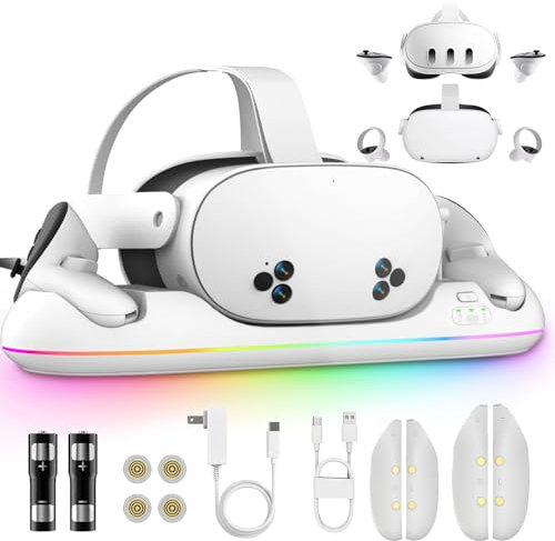 Dock di ricarica per Meta Quest 3/3S/2, Stazione VR magnetica con ricarica rapida, Uscita USB, Illuminazione RGB, 2 batterie ricaricabili da 2100mAh, Accessori per cuffie e controller Oculus Quest