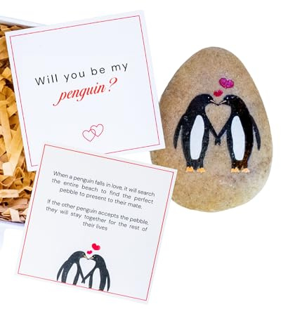 Will You Be My Penguin Pebble - Cute Penguin Stone Keepsake for Couples | Painted natural stone · Gift box with drawer & mini card · Symbolizes 'mate for life' love · Proposal keepsake