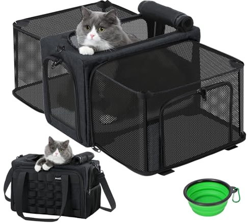pecute Katzentransportbox Erweiterbar Katzenbox für 2 KatzenTransportbox Katze Groß, Hund Welpen, Faltbar Hundetransportbox Zusammenklappbare Transporttasche Katze Transport, Dunkelgrau