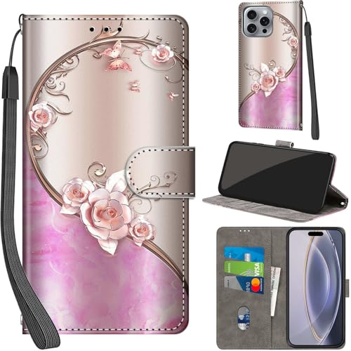 PHINIENLAND Handyhülle für iPhone 16 Pro Max Klapphülle Leder Wallet Rose | 3 Kartenfächer & 1 Geldfach, Magnetverschluss, Ständerfunktion, robuste premium PU leder klapphülle für iPhone 16 Pro Max