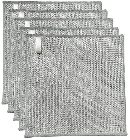 YinQin Three Layer Wire Dishwashing Cloths, 20 x 20 cm Hanging Design Non-Scratch Stainless Steel Mesh Cleaning Rags, Multipurpose 3-Layer Metallic Wire Dish Cloth Rag Towel, 5-Pack