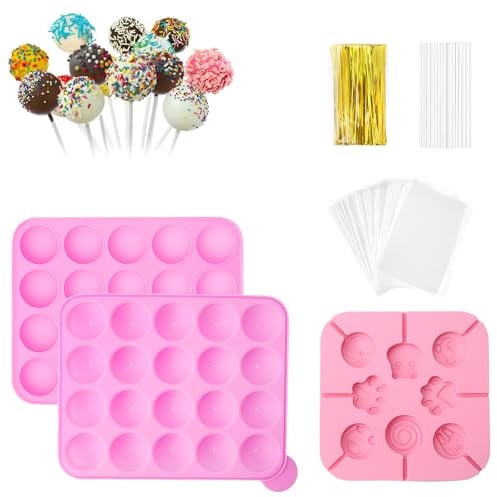 323 PCS Cake Pop Maker Kit, Cake Pop Baking Mold with 1 Silicone Mold Set,100 Pcs Clear Bags,120 Pcs Treat Sticks,100 Pcs Gold Bow Ties