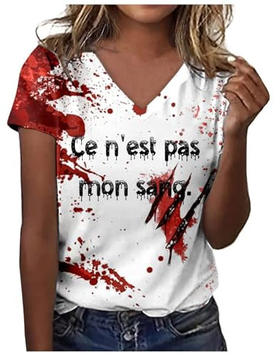 Générique Tee Shirts Halloween Sweat Halloween Bloody Horr0r T Shirt Tee Shirts Vetement T Costumelant Déguisement Blood Haut Probleme Resolu Shirt Deguisement Femme Enceinte (Red, XXL)