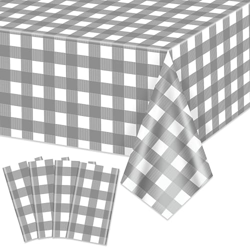 Graue Gingham-Tischdecken, grau und weiß kariert, 220 x 130 cm, Gingham-Tischdecken, rechteckig, wasserdicht, Picknick-Tischdecken für Geburtstag, Party, Urlaub, Outdoor-Zubehör, 4 Stück