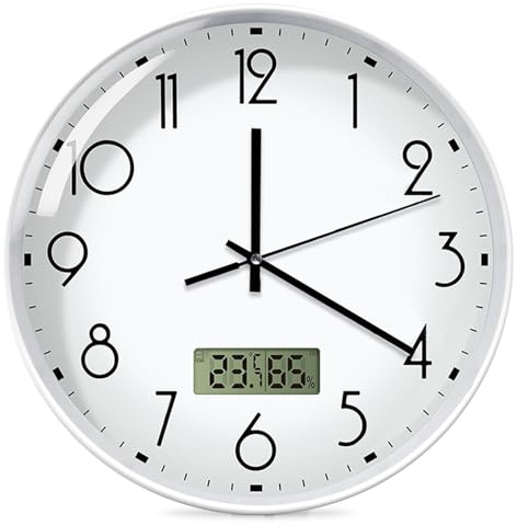 GOMETY Lautlos Wanduhr, 30cm Küchenuhr Wanduhr mit Kalender Digital LCD, Weiss Analog Quarzuhr, weiß Uhr Wand LCD mit digitaler Kalender und Thermometer für Wohnzimmer Schlafzimmer Büro Badezimmer