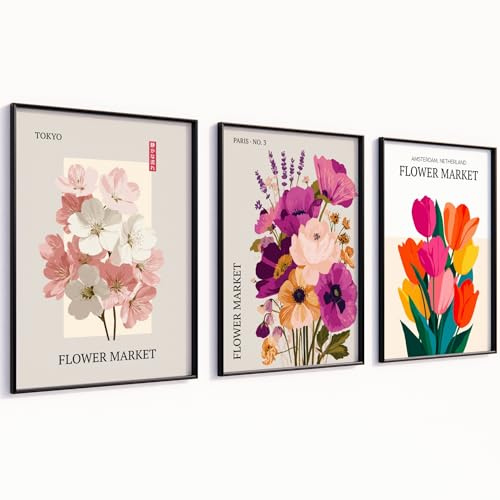 MJ-GRAPHICS® Flower Market Poster Set Bunt Bilder Collage Wandbilder Wohnzimmer A4 Poster Set Beige Deko Schlafzimmer Kunstdrucke 3er Set Wanddeko Flur Bilder Japan