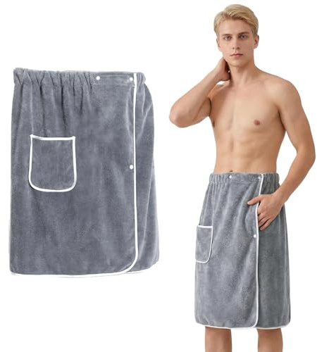 Dwitkul Kilt Sauna Uomo con Tasche, Asciugamano da Bagno Uomo Regolabile con Bottoni a Pressione, 65 x 140 cm - Telo Bagno Elastico per Sauna, Doccia, Palestra, SPA e Spiaggia, Grigio