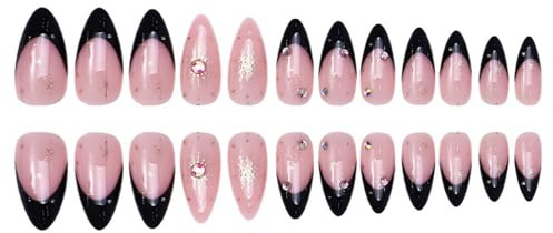 24 Pcs Black Press on Nails with Glue, Short False Nails in 12 Sizes