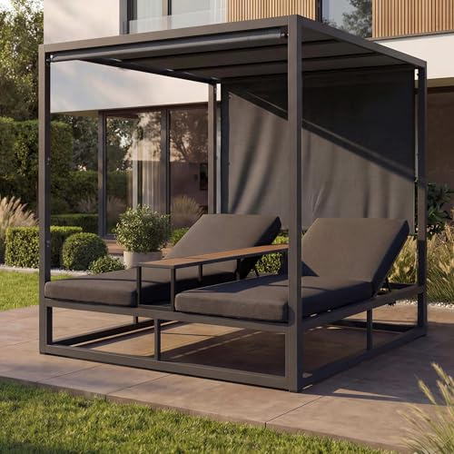 Mendler Alu Lounge-Gartenliege HWC-P81 - dunkelgrau, Polster dunkelgrau | Sonnenliege, Daybed, 10cm-Polster, 220g/m², 196x165x196cm