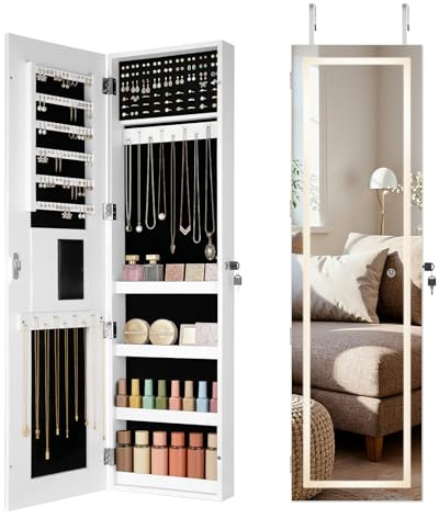 EDIMENS Mirror Jewelry Cabinets, Led Full Length Mirror, Door Hanging/Wall Mounted Jewelry Armoire, Large Storage, Bedroom Lockable Cosmetics Jewellery Organiser (White, Square- Exterior Full Light)