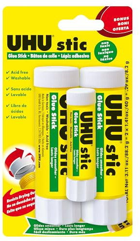 UHU Stic Lot de 2 bâtons de colle sans solvant lavables avec bouchon à visser pour l'école, les travaux manuels, le scrapbooking 2 x 40 g + bonus