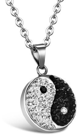 JewelryWe Schmuck Edelstahl Halskette, Strass Yin Yang Anhänger, Partneranhänger mit 55cm Kette für Damen Herren, Schwarz Silber