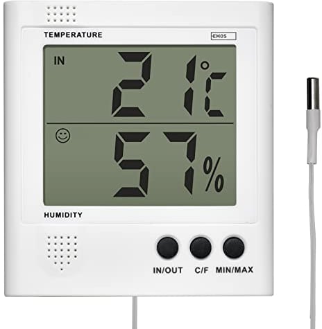 EMOS E8471 Digitales Thermometer und Hygrometer, Aussenthermometer/Innenthermometer mit 2m Kabelsensor, batteriebetrieben, Kunststoff, Weiß