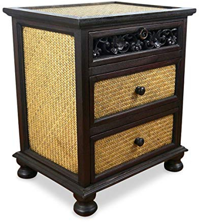 Rattankommode mit filigraner Schnitzerei, Asiatischer Nachtschrank der Marke Asia Wohnstudio, 3 Schubladen, Nachtschrank, Nachttisch, Holzkommode, (Handarbeit)