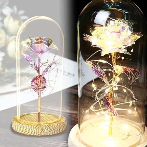TINYOUTH 24K Galaxy in Glass Dome, Gold Plated Light Up Rose Batteries Included Rose Gifts for Women/Her/Mum Wedding Anniversary Valentines Birthday Xmas
