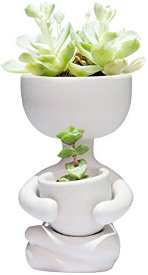 DIYOMR Humanoid Ceramic Flower Pot Succulent Cactus Bonsai Planter Pots Container, Ceramic Crafts Vase Home Office Decoration Desk Window Sill Decor,Not Include Plants (White-A)