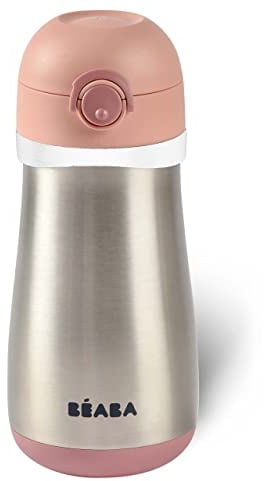 BÉABA, Gourde Inox Enfant 2 en 1, Fonction Gourde/Verre, Bouton Push por faciliter l'ouverture, Solide, Sain, Poignées amovibles, Inox Maintien du Froid/Chaud, 350ml, Old Pink