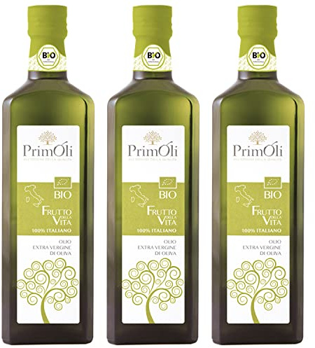 Olio extra vergine d'oliva Biologico 100% Italiano PrimOli, fruttato medio con note aromatiche, ideale usato a crudo su verdure di stagione, formaggi freschi, carne bianca 3x500 ml