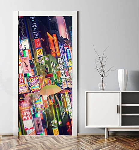 MyMaxxi - Tür bekleben mit Türtapete Türposter Türfolie Selbstklebend 90x200 Nacht in Shibuja - Tür verschönern Türaufkleber Türklebefolie Tokio Werbetafel Nachtleben bunt