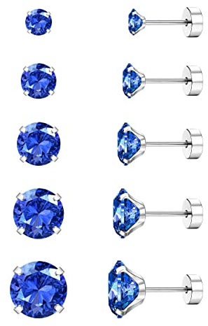 Diamday 5 Couleurs 20g CZ Hypoallergénique Boucles d'Oreilles pour Femmes Hommes Flatback Acier Inoxydable Cubic Zirconia Boucles d’Oreilles Cartilage Piercing Boucles d'Oreilles Clou Noir Rouge