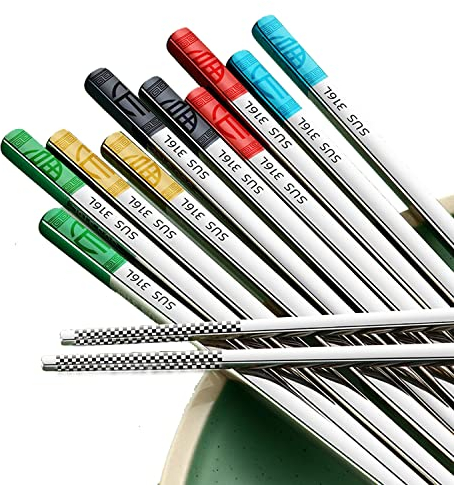 Metal Reusable 316L Stainless Steel Chopsticks Dishwasher Multicolor Safe Square Non-slip Chop Sticks Laser Etching Patterns Chinese Chopsticks 5 Pair Gift Set