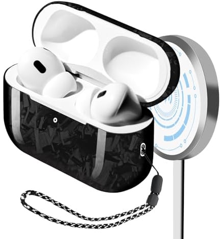 MONOCARBON Schutzhülle aus echter Karbonfaser für Airpods Pro 2. Generation mit Umhängeband, Kratzfest, schlank, schützende Hartschale für Airpods Pro 2, kompatibel mit Magsafe, kabelloses Laden,