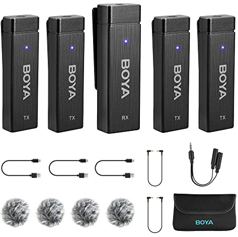 BOYA by-W4 Mini micrófono de Solapa inalámbrico (4TX+1RX), micrófono de Solapa omnidireccional con Pinza para teléfono, cámara, PC, grabación de vídeo, batería 7 Horas