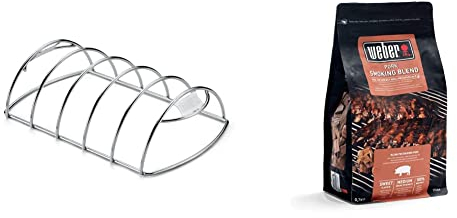 Weber 6605 Spare-Rib-Halter, Rippchen, passend für Q 200/2000 und größere Gasgrills sowie Holzkohlegrills ab 47 cm & 17664 Räucherchips für Schweinefleisch, 700g, Räuchern, Aroma, Grillen