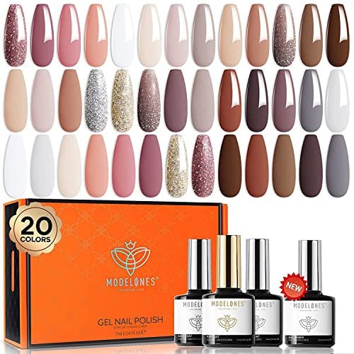 Modelones 24 Pcs Gel Nail Polish Set, 20 Colors Nude Pink White Nail Polish Neutral Brown Glitter Gel Polish Set with Bond Primer Glossy & Matte Top Base Coat Soak Off LED Manicure Gifts