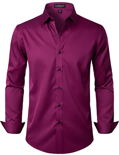 LucMatton - Camisa de vestir formal extensible sin pliegues de manga larga de corte ajustado con botones para fiesta de bodas, fucsia, XL