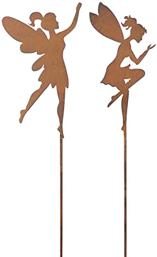 Gartenstecker Elfe - Fee in Rostoptik 2er Set in braun lackiert 80cm groß für die Gartendeko