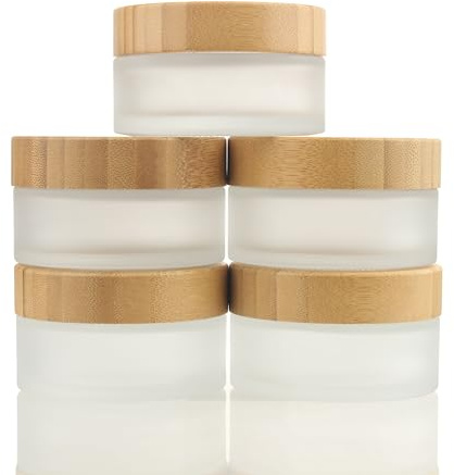 COSIDEA Lot de 5 bocaux vides ronds en verre dépoli avec couvercles en bambou, pots à crème en bambou rechargeables pour baume à lèvres, pommades, emballage de lotion