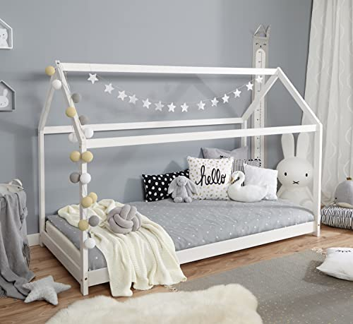 TiCAA Kinderbett Jano Hausbett inkl. Rollrost Massivholz Kiefer weiß