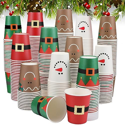 Mumufy 160 Pcs Christmas Paper Cups Bulk Xmas Disposable Coffee Paper Cups 9 oz Party Drinking Cups Santa Elf Elk Snowman Cups for Hot Cocoa Tea Beverage Holiday Christmas Party Supplies