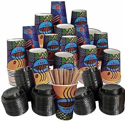 Intertan 200 Kaffeebecher mit Deckel und Rührstäbe To Go 240ml Design COZY CUPS Einweg für Heißgetränke bis 95°C und Kaltgetränke Papp Becher für Unterwegs, Büro, Uni, Party, Picknick