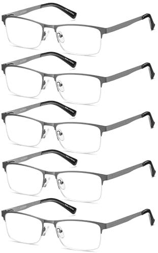 EYECEDAR 5-Pack Reading Glasses Men Metal Half Frame Spring Hinges Gunmetal Rectangular Style Eyeglasses Readers 2.00