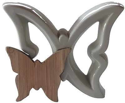 Oberle Schmetterling aus Porzellan glänzend mit Schmetterling Links aus Holz - Frühling - hellgrau 30114/a Innendeko !