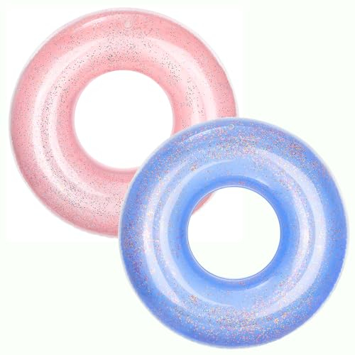 MoKo Schwimmring, 2 Stück Durchmesser 90cm Aufblasbar Schwimmreifen mit Glitzer Swimming Pool Spielzeug Float Zubehör Luftmatratze für Kinder Erwachsene Beach Party, Blau & Roségold