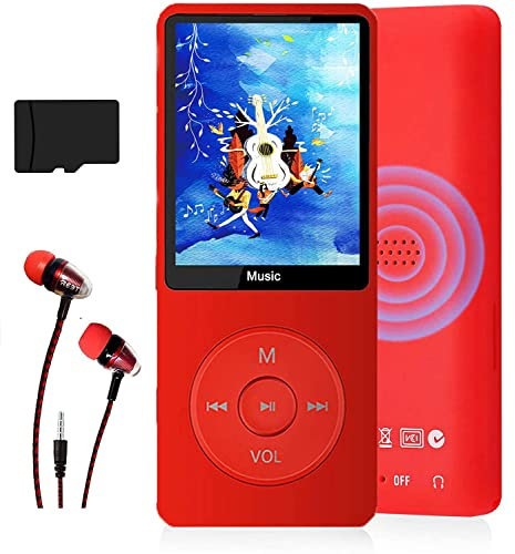 Lecteur MP3 avec carte Micro SD de 16 Go, lecteur de musique ultra fin avec haut-parleur intégré, visionneuse photo, lecture vidéo, radio FM, enregistreur vocal, lecteur e-book, prise en charge