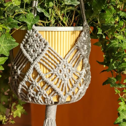 XINBOR Hanging Planter with Patterns,2Packs Macrame Plant Hangers Indoor Macrame for up to 8 inch Pot Crochet Boho Plant Hanger Holder for Indoor Outdoor with 2S Shaped Stainless Steel Hooks (Gray)