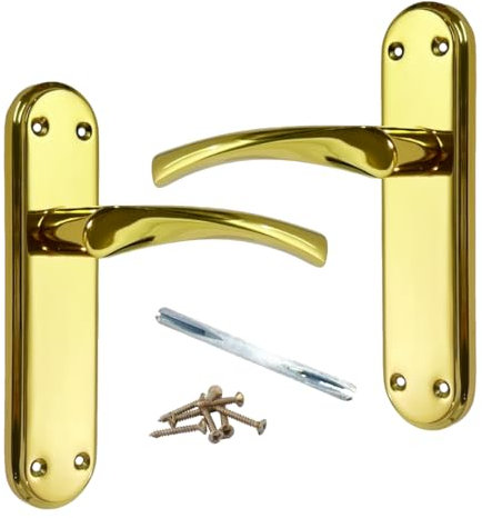 Genova Door Handles Polished Brass Twist Lever Latch on Modern Marina Backplate for Internal Wooden Doors