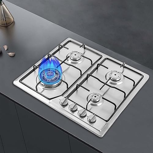 KEESUNG Fornello a gas a 4 fuochi in acciaio inox, 4 fuochi, fornello a gas e GPL, fornello a gas integrato, per la cottura in abitazioni private o ristoranti, 58 x 50 cm