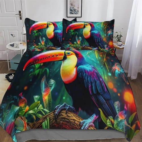 PAZZK Tukane Bettwäsche Premium Atmungsaktive Angenehme Bettbezüge, Mit Reißverschluss Bettdeckenbezug, 3teilig Bettbezug + Kissenbezug King (220x240cm)